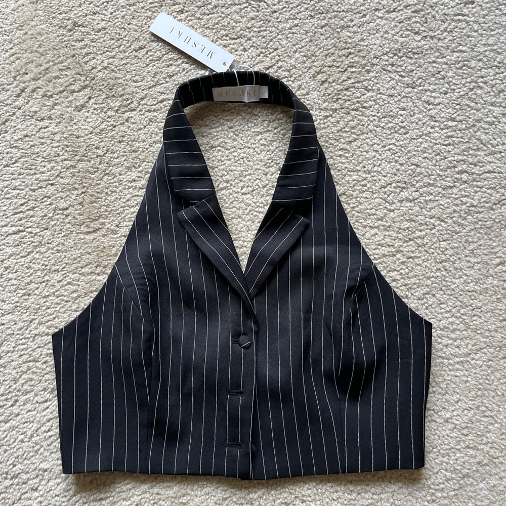 Meshki Crystal Collared Halter Crop Pinstripe Top Vest Size Large Lined NEW